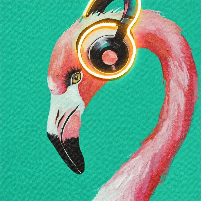 Maklaine Musical Neon Flamingo Canvas Wall Art in Black Wood Frame