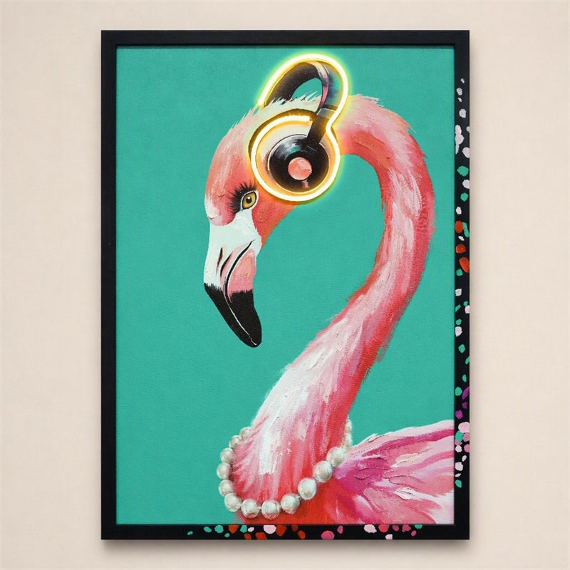 Maklaine Musical Neon Flamingo Canvas Wall Art in Black Wood Frame