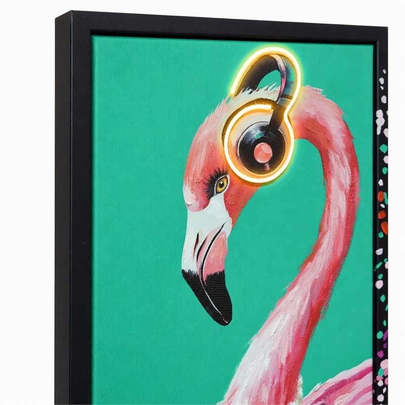 Maklaine Musical Neon Flamingo Canvas Wall Art in Black Wood Frame