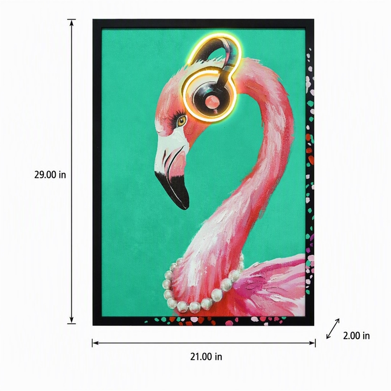 Maklaine Musical Neon Flamingo Canvas Wall Art in Black Wood Frame