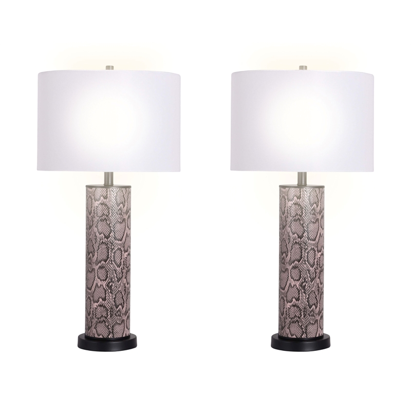 Maklaine Faux Leather Table Lamp Set in Snake Skin and Metal with White Shade