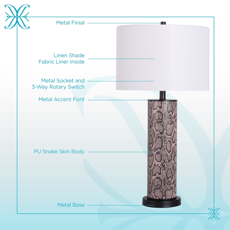 Maklaine Faux Leather Table Lamp Set in Snake Skin and Metal with White Shade