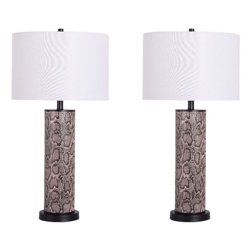 Maklaine Faux Leather Table Lamp Set in Snake Skin and Metal with White Shade