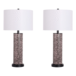 Maklaine Faux Leather Table Lamp Set in Snake Skin and Metal with White Shade