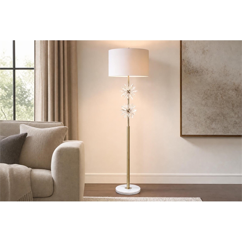 Maklaine Crystal Floor Lamp in Soft Gold with Marble Base and Linen Shade