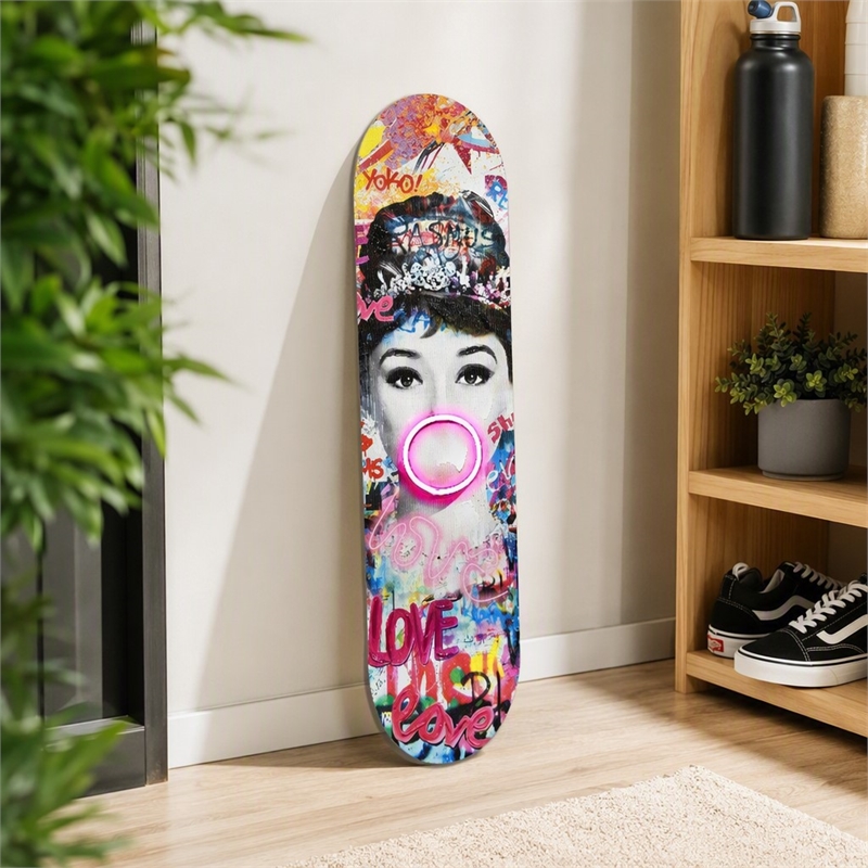 Maklaine Hand-Painted Skateboard Deck Wall Art with Neon Light Multi-Color