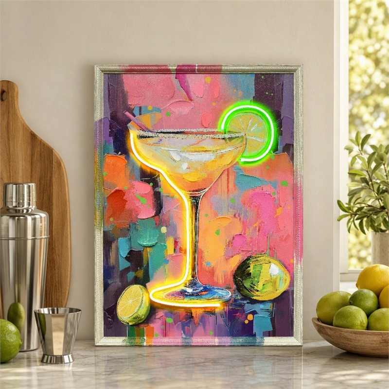 Maklaine Neon Cocktail Art Canvas Wall Art with Engineered Wood Frame