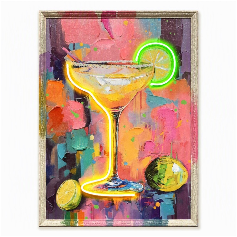 Maklaine Neon Cocktail Art Canvas Wall Art with Engineered Wood Frame