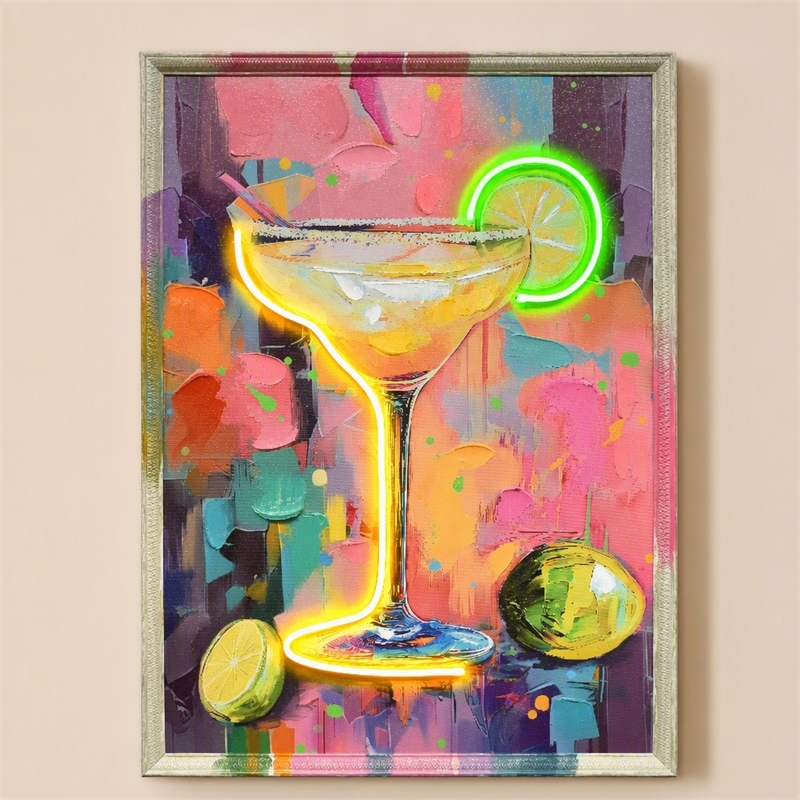 Maklaine Neon Cocktail Art Canvas Wall Art with Engineered Wood Frame