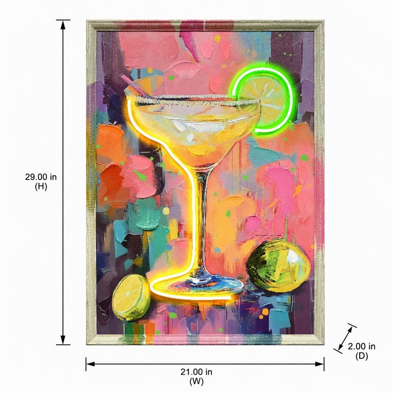 Maklaine Neon Cocktail Art Canvas Wall Art with Engineered Wood Frame