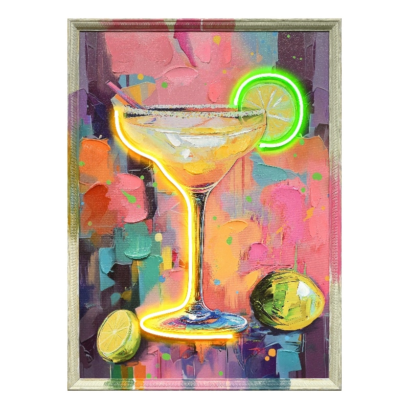 Maklaine Neon Cocktail Art Canvas Wall Art with Engineered Wood Frame