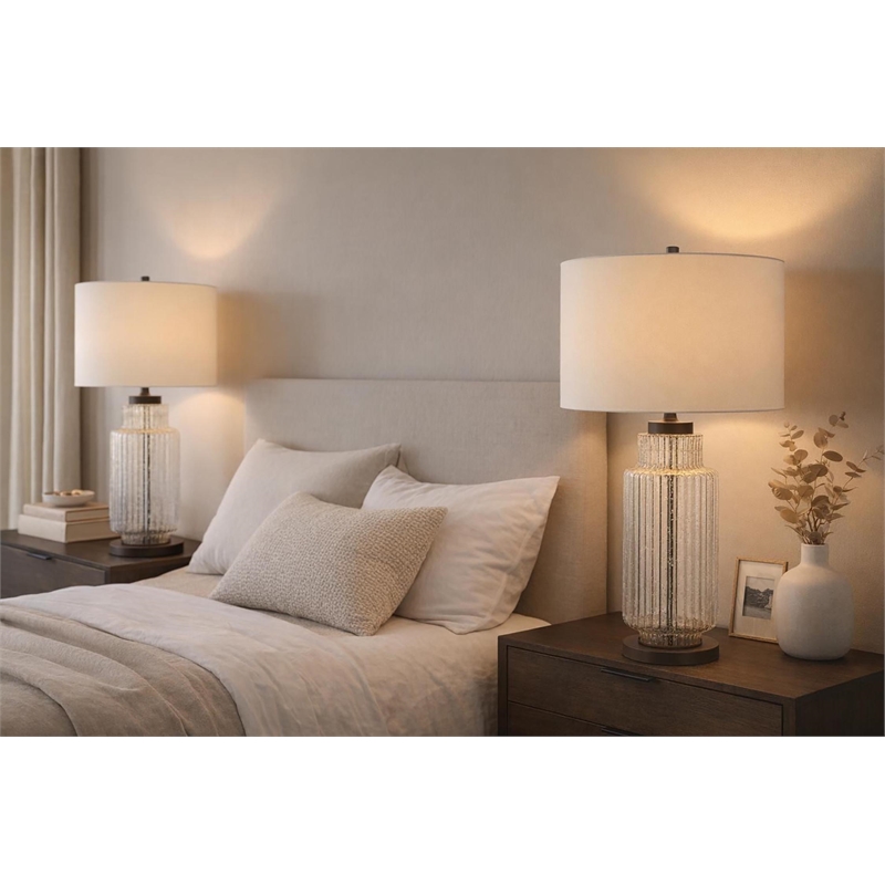 Maklaine Modern Ripple Glass Table Lamp with Gold Flecks and Linen Shade