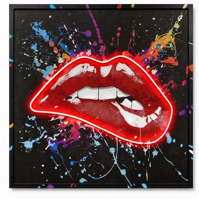 Maklaine Multi-Color Canvas Wall Art with Neon Glow and Black Frame