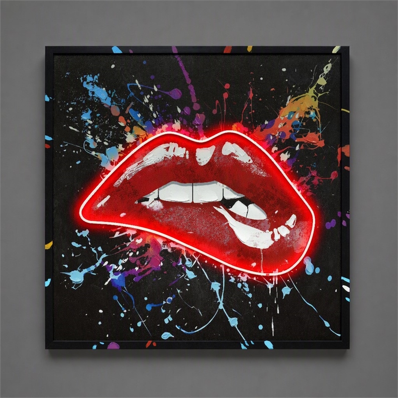 Maklaine Multi-Color Canvas Wall Art with Neon Glow and Black Frame