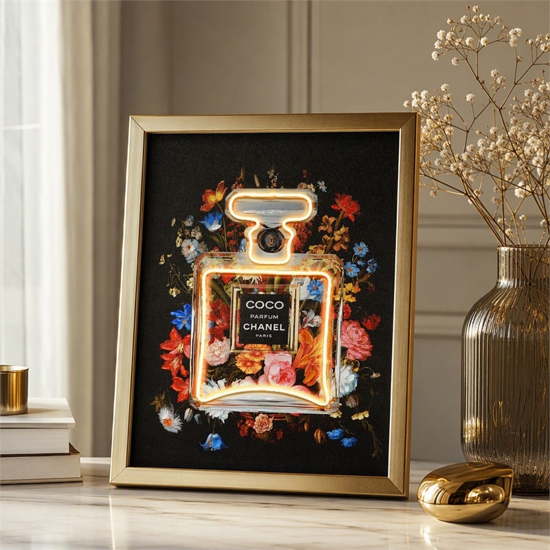 Maklaine Floral Canvas Wall Art with Neon Lighting in Multi-Color