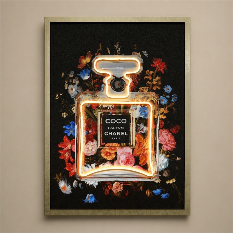 Maklaine Floral Canvas Wall Art with Neon Lighting in Multi-Color