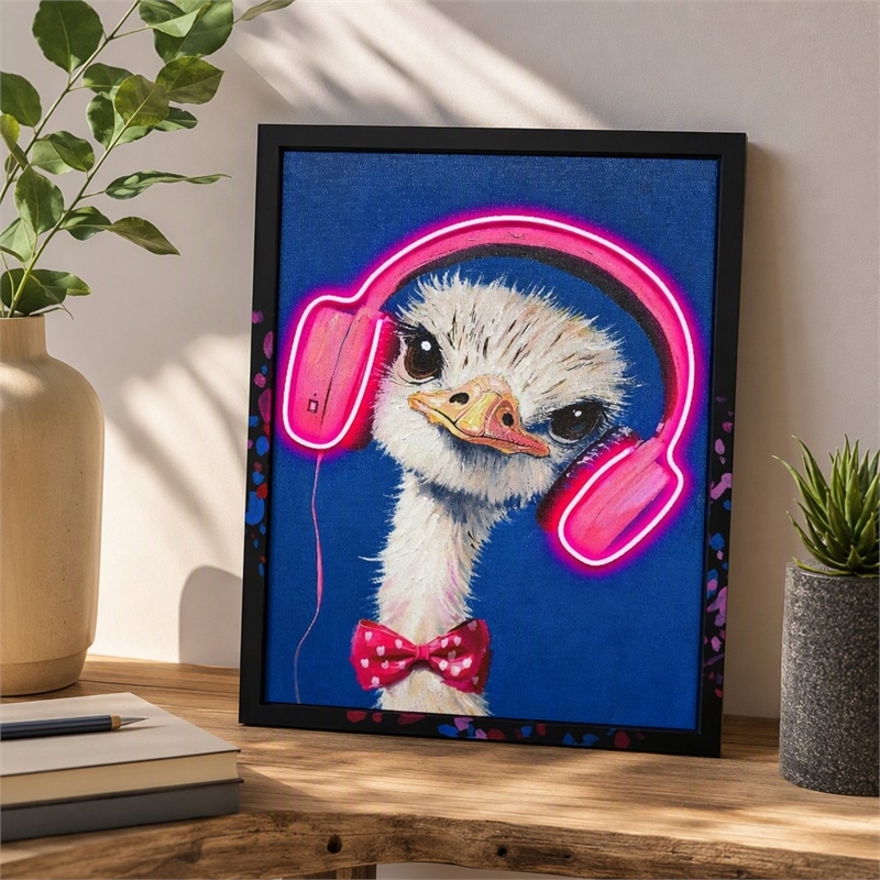 Maklaine Neon Ostrich Framed Canvas Wall Art with Lighting Features