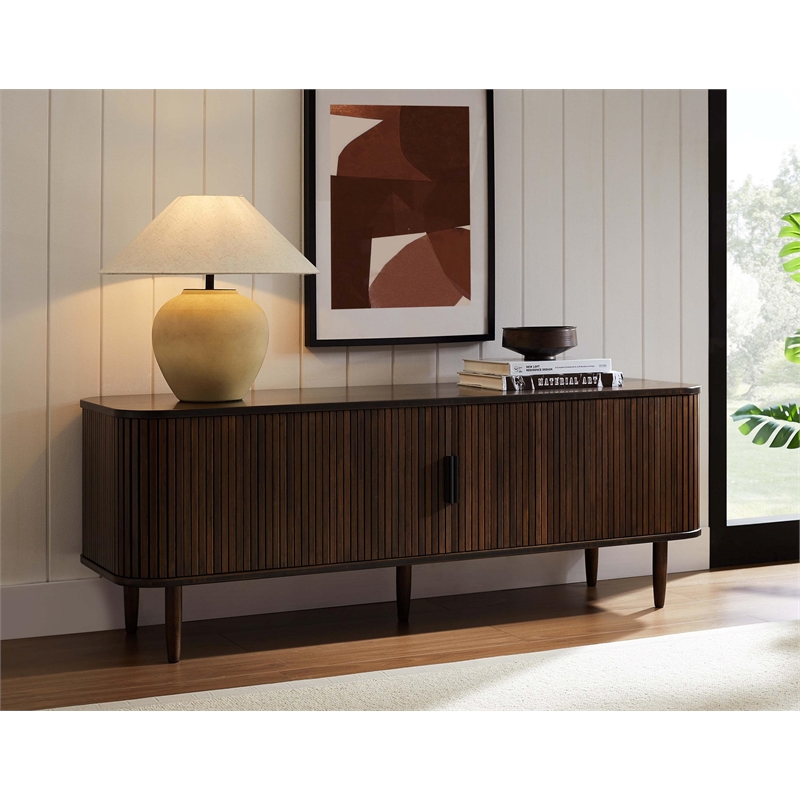 Maklaine Coffee Bamboo Console Table with Sliding Tambour Doors