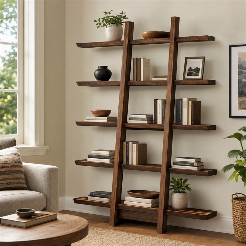 Maklaine Bamboo Shelf in Coffee Finish with Bengal Cinnamon Stripe Inlay