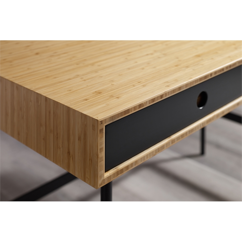 Maklaine Desk with Wheat Bamboo Finish and Black Powder-Coated Steel Legs