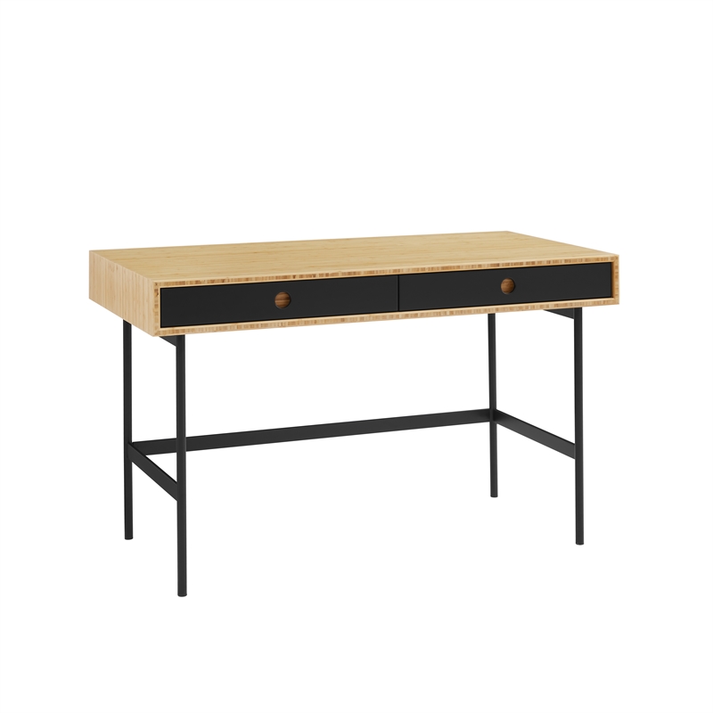 Maklaine Desk with Wheat Bamboo Finish and Black Powder-Coated Steel Legs