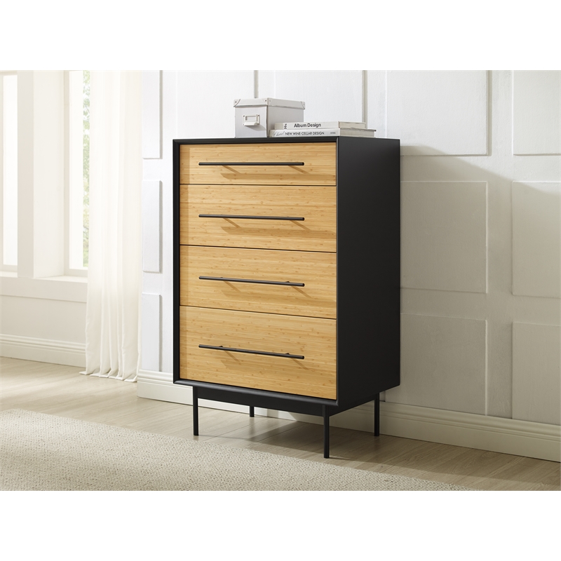 Maklaine 4 Drawer High Chest in Wheat Bamboo and Black Steel