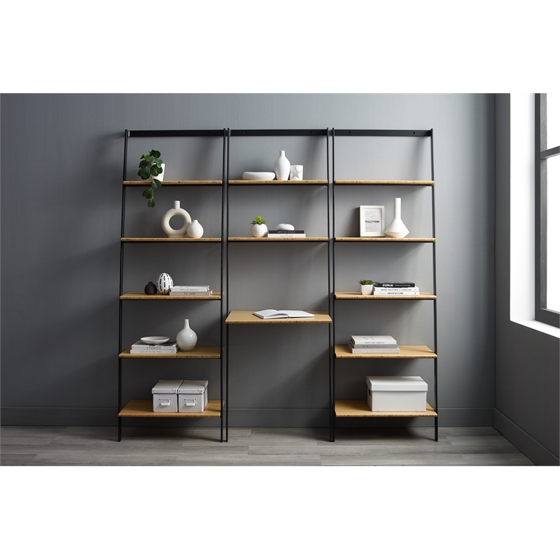 Maklaine Leaning Desk with Wheat Bamboo and Black Steel Shelves