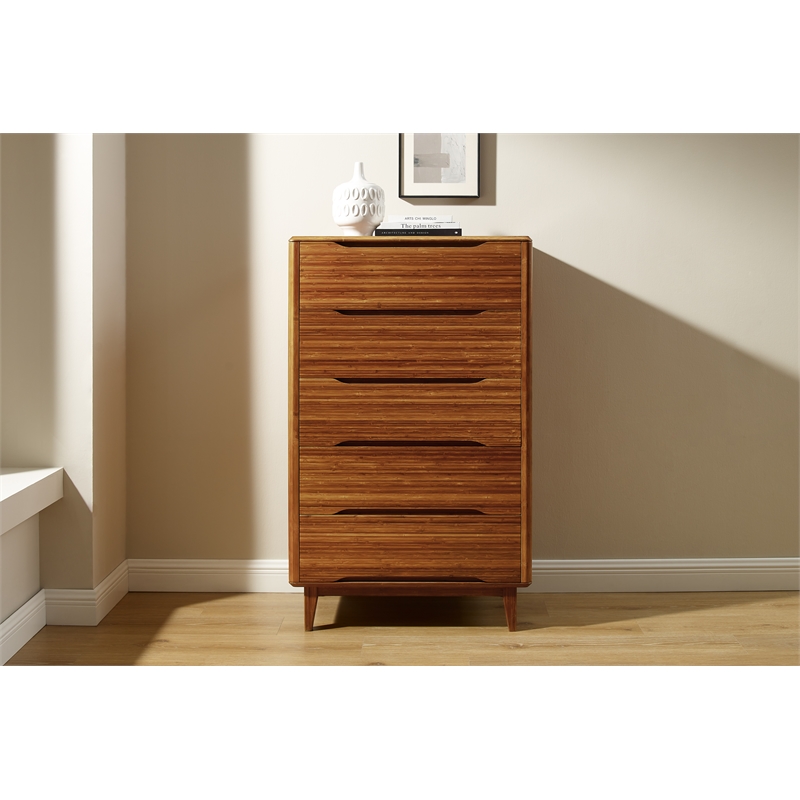 Maklaine 5 Drawer Bamboo High Chest with Soft Close Glides in Copper
