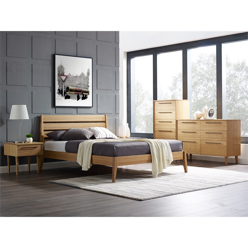 Maklaine Queen Bamboo Platform Bed with Beveled Edges in Golden