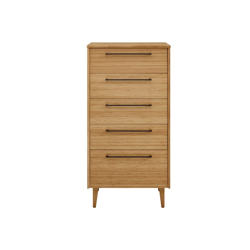 Maklaine 5 Drawer Bamboo High Chest with Beveled Edges in Golden