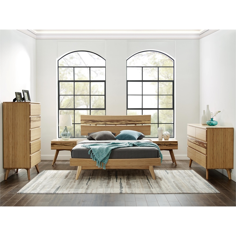 Maklaine Queen Bamboo Platform Bed with Tiger Bamboo Headboard in Golden