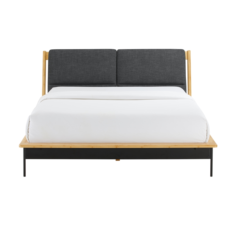 Maklaine King Bamboo Platform Bed with 2 Back Cushions in Sand