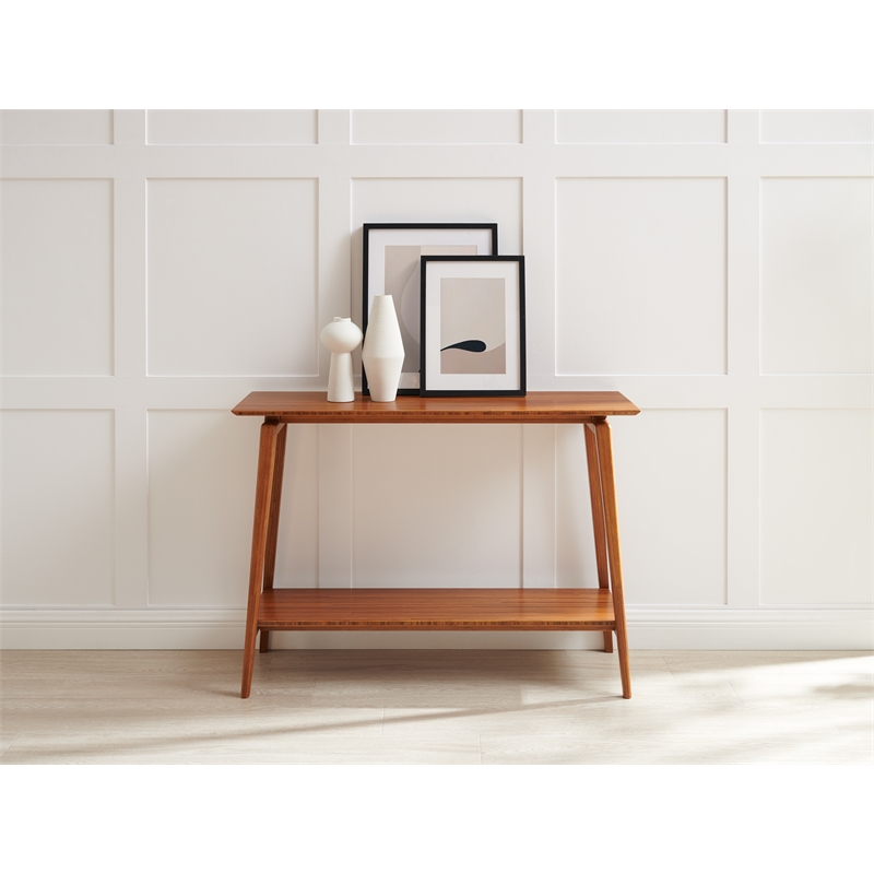 Maklaine 2-Tier Solid Bamboo Console Table with Splayed Legs in Copper