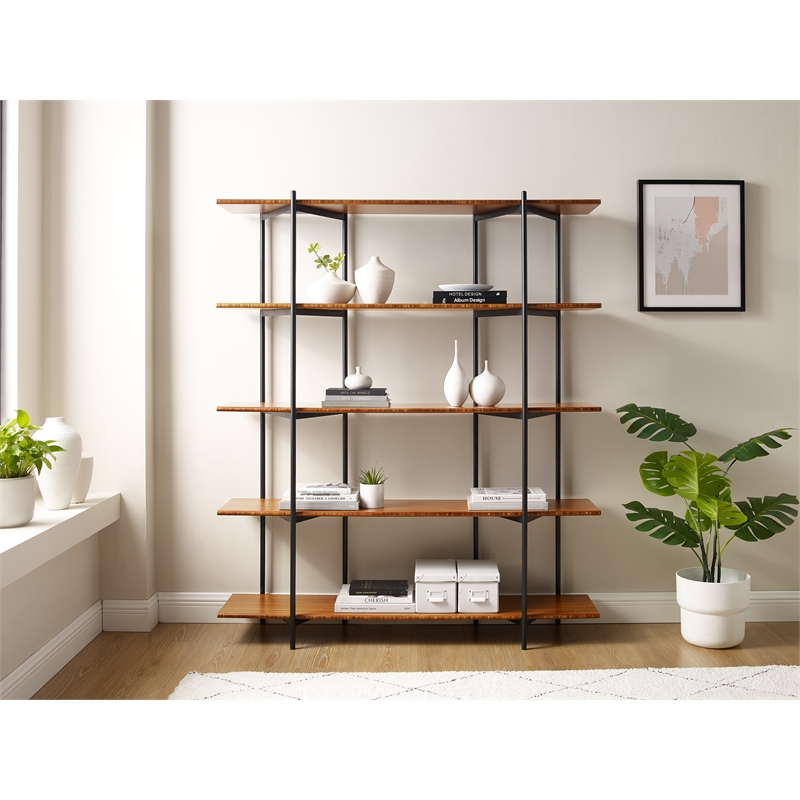 Maklaine 5 Shelf Bamboo and Steel Wide Shelving Unit in Copper