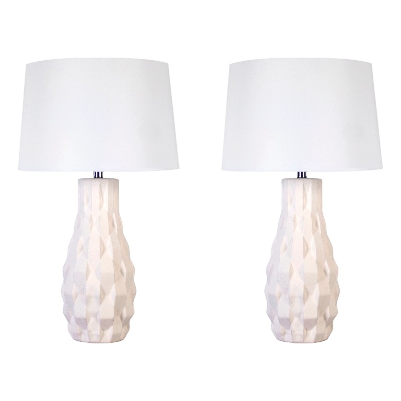 Maklaine Set of 2 Ceramic Table Lamps with Linen Shades in White Sand