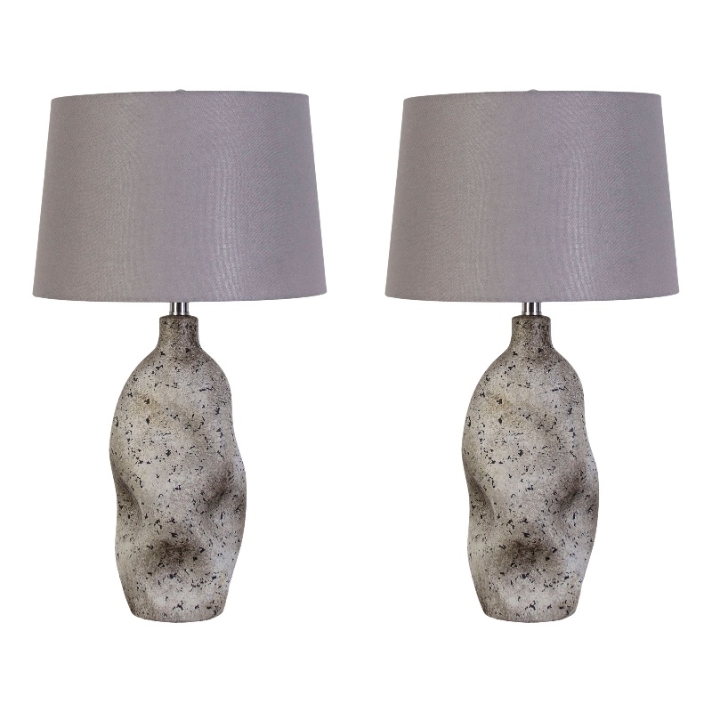 Maklaine Ceramic Table Lamp with Linen Shade in Natural Grey Stone