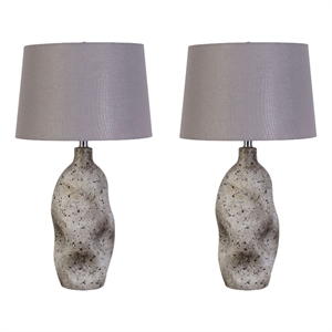 Maklaine Ceramic Table Lamp with Linen Shade in Natural Grey Stone