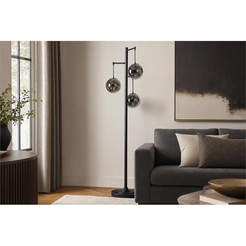 Maklaine Metal Floor Lamp with Smoked Glass Globes in Polished Chrome