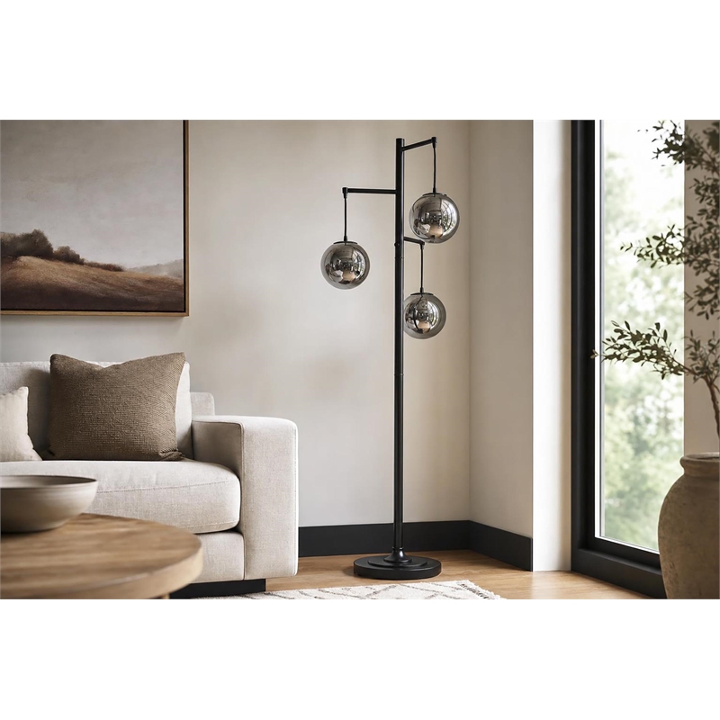 Maklaine Metal Floor Lamp with Smoked Glass Globes in Polished Chrome