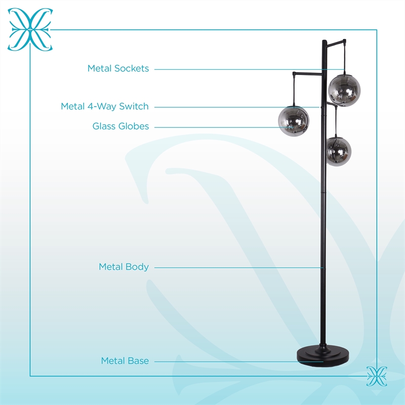 Maklaine Metal Floor Lamp with Smoked Glass Globes in Polished Chrome