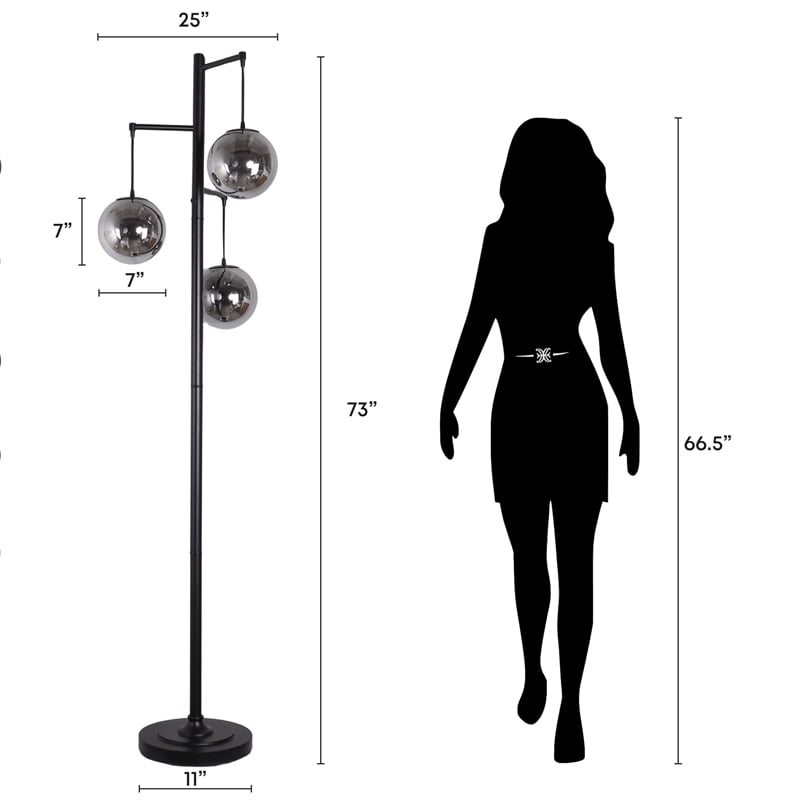 Maklaine Metal Floor Lamp with Smoked Glass Globes in Polished Chrome