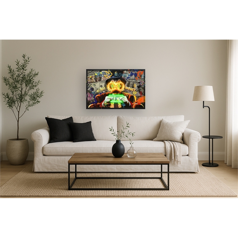 Maklaine Neon Money Duck LED Canvas Wall Art in Black Wood Frame