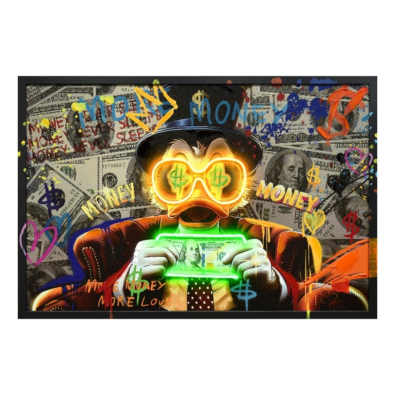 Maklaine Neon Money Duck LED Canvas Wall Art in Black Wood Frame
