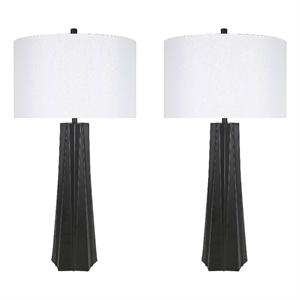 Maklaine Set of 2 Geometric Table Lamps with Linen Shades in Matte Black