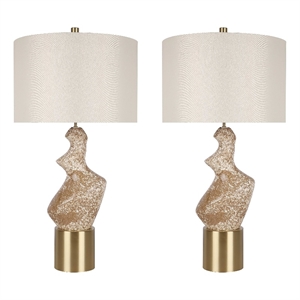 Maklaine Set of 2 Ceramic Table Lamps with Gold Accents in Cream Stone