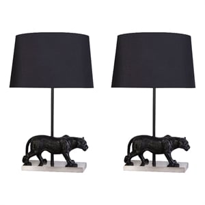Maklaine Set of 2 Panther Polyresin Table Lamps in Black and Nickel