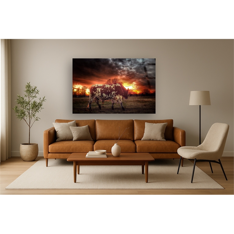 Maklaine Longhorn at Sunset Tempered Glass Wall Art in Multicolor