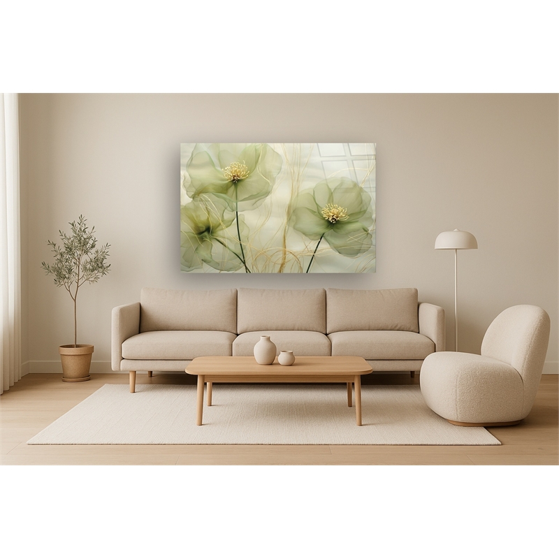 Maklaine Green Whispy Floral Tempered Glass Art in Multi-Color