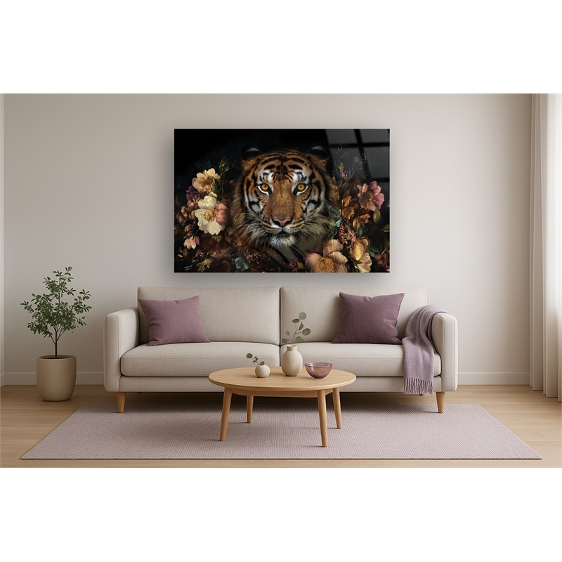 Maklaine Floral Tiger Tempered Glass Wall Art 60