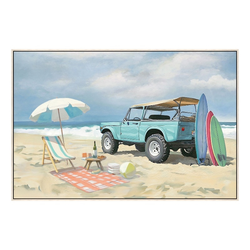 Maklaine Beach Adventure Classic Vehicle Canvas Art in Wood Frame